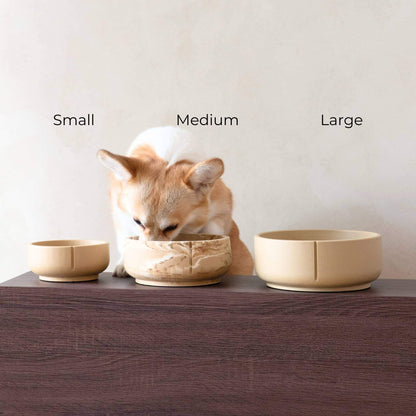 Three different sizes of bowls. Two classic feeders and one one in marble